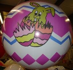 Seven-foot white helium advertising balloon printed with an Easter bunny hatching from an egg